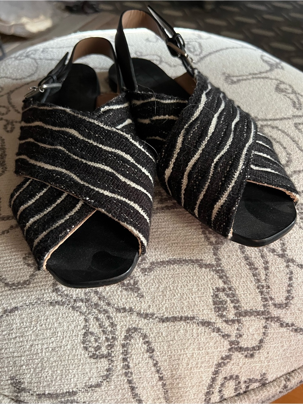 Black and White Striped Open-Toe Slingback Sandals
